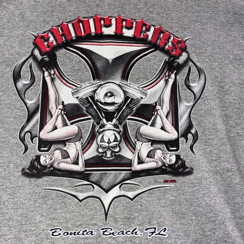 577 Biker Choppers T-Shirt L Gray Pinup Skull Graphic Tee